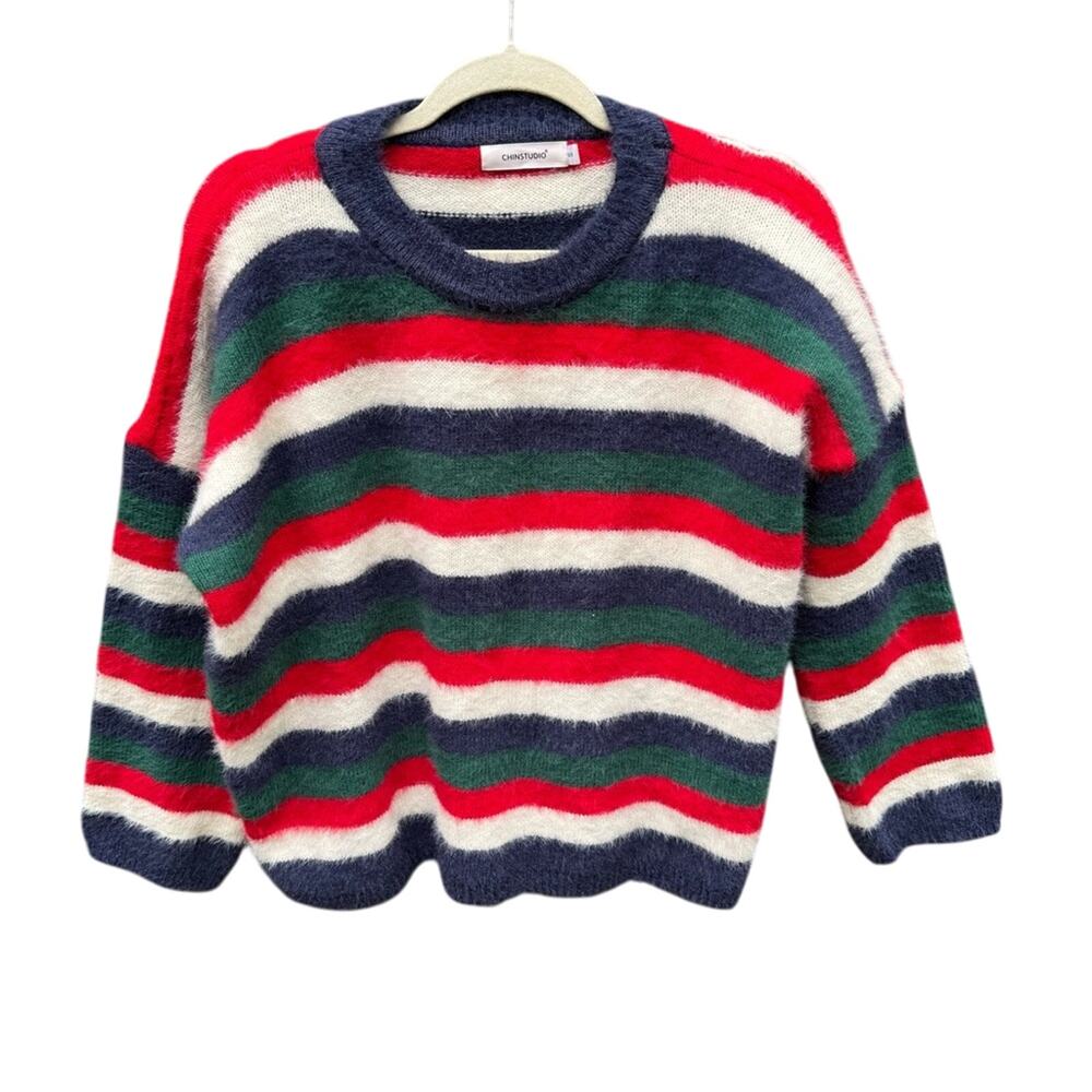 ChinStudio Womens Small Long Sleeve Striped Fuzzy Oversized Knit Sweater